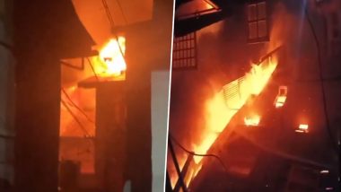 Srinagar Fire: Massive Blaze Erupts at Residential House in Hawal, Fire Extinguishing Operations Underway (Watch Video)